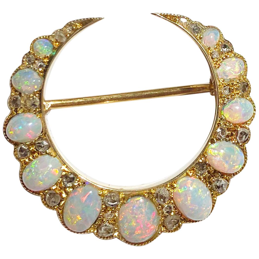 Art Nouveau Early 20th Century 15 Carat Opal Diamond Crescent Brooch