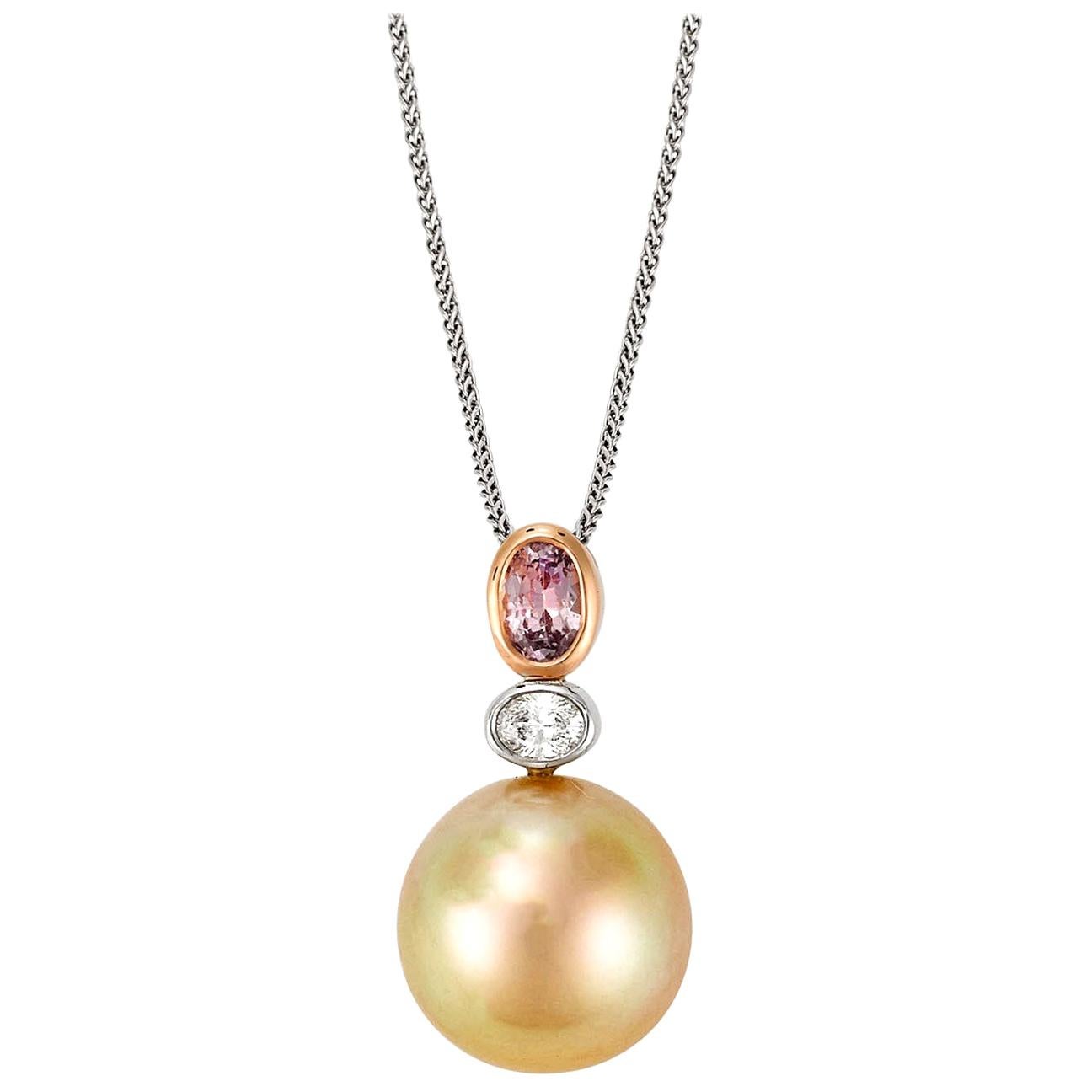 Giulians 18k Golden South Sea Pearl and Pink Sapphire Diamond Pendant For Sale