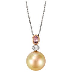 Giulians 18k Golden South Sea Pearl and Pink Sapphire Diamond Pendant
