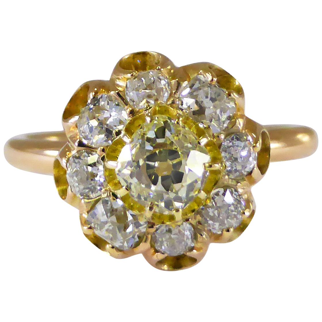 Yellow Diamond P, Q, R Color G-I Color Old-Mine Cut Daisy Ring
