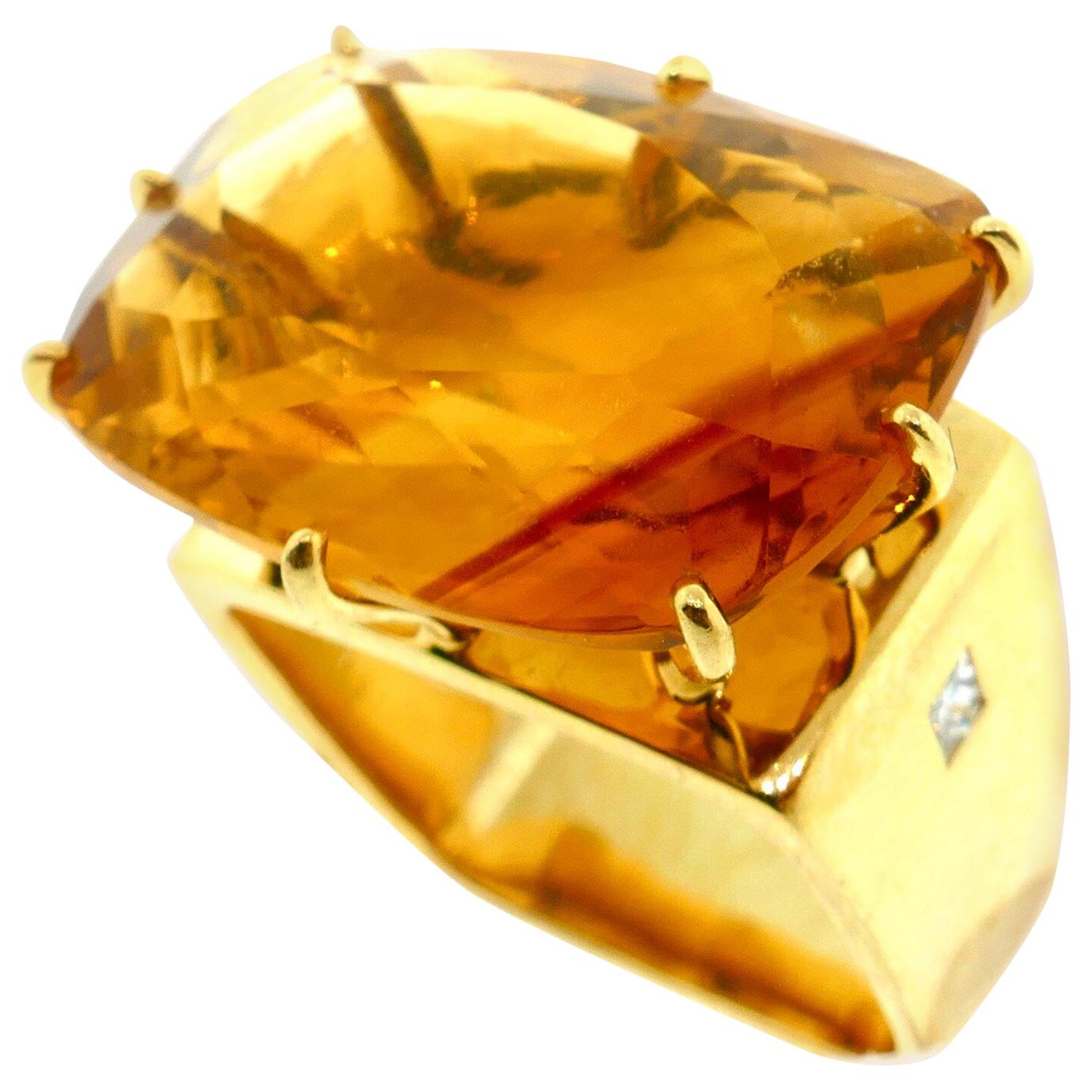 French Modernist Square Shape Yellow Gold, Diamond and Citrine Ring
