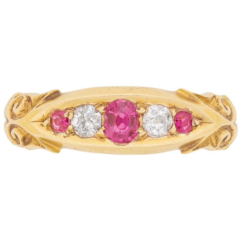Victorian Ruby and Diamond Five-Stone Ring, circa 1900s For Sale