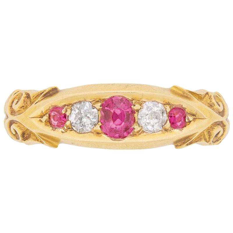 Victorian Ruby and Diamond Five-Stone Ring, circa 1900s