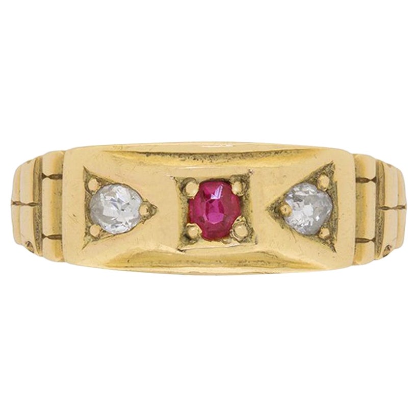 Vintage Victorian-Inspired Diamond and Ruby Three-Stone Ring, circa 1970s For Sale