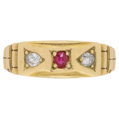 Retro Victorian-Inspired Diamond and Ruby Three-Stone Ring, circa 1970s