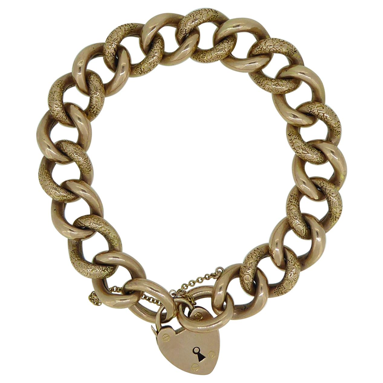 Edwardian Engraved Curb Bracelet, Heavy Gauge Rose Gold Links, Padlock Fastener