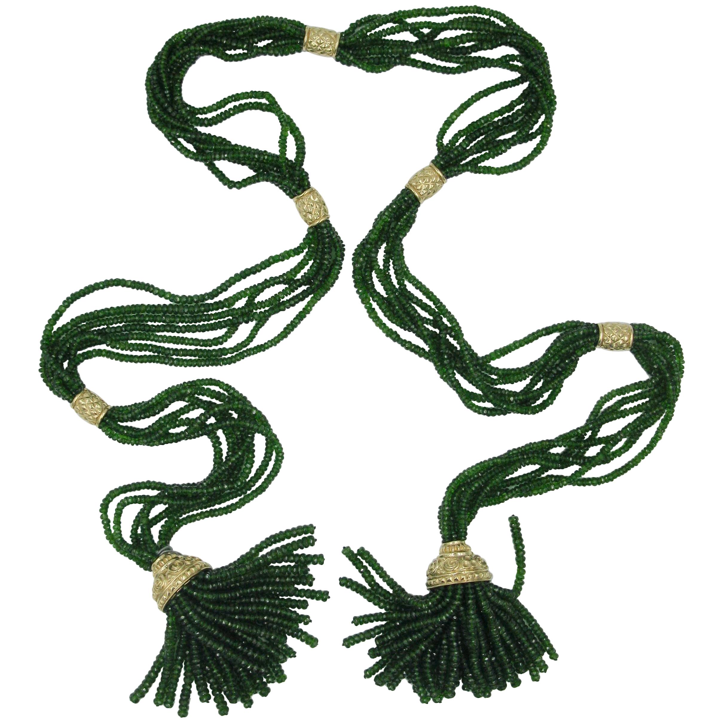 Green Sapphire 14 Karat Gold Tassel Necklace 44 Inches Long Lariat