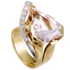 Diamond Calf's Head-Cut Kunzite Yellow Gold and Platinum Ring