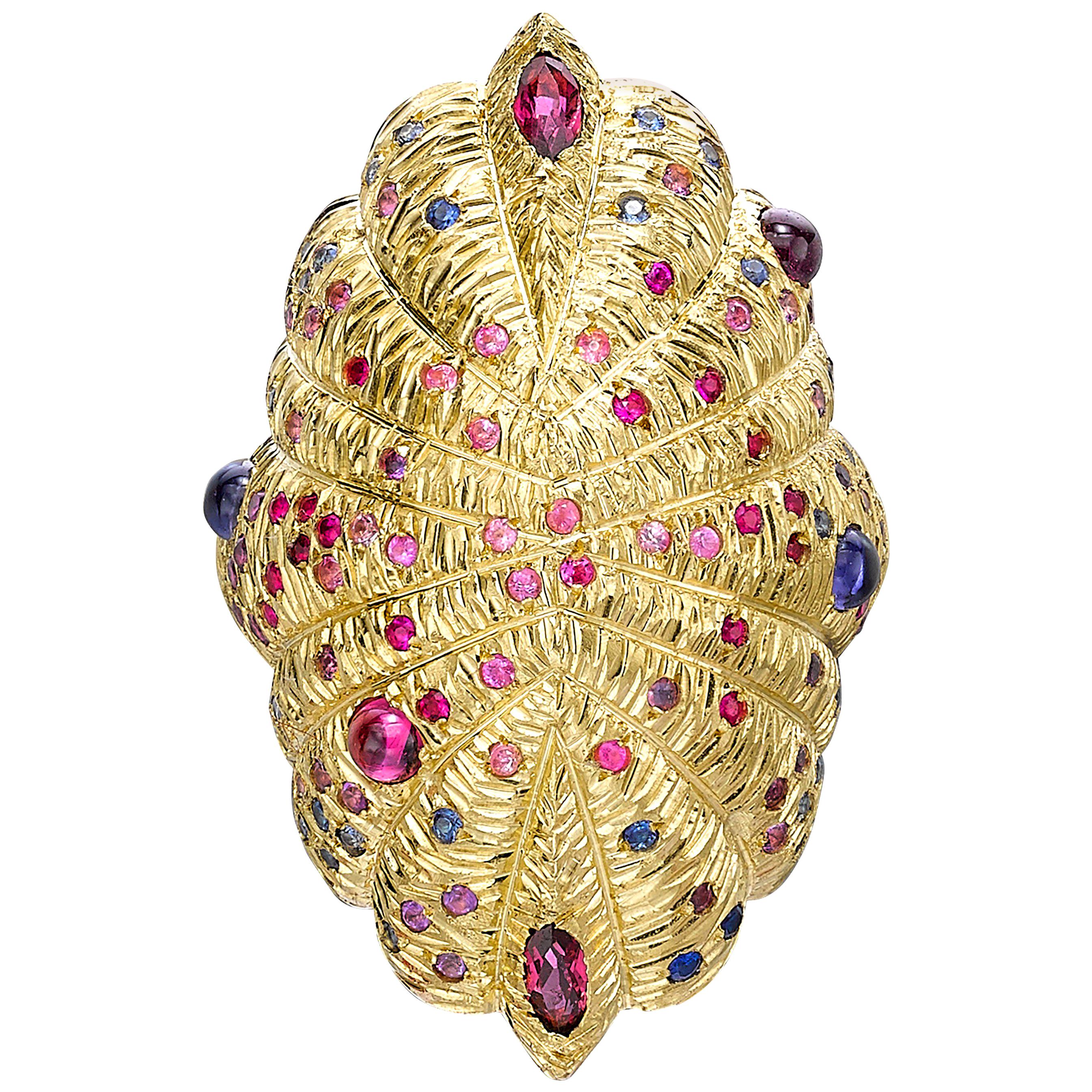 Venyx 18 Karat Yellow Gold Blue Sapphire Ruby and Colored Stone Statement Ring For Sale