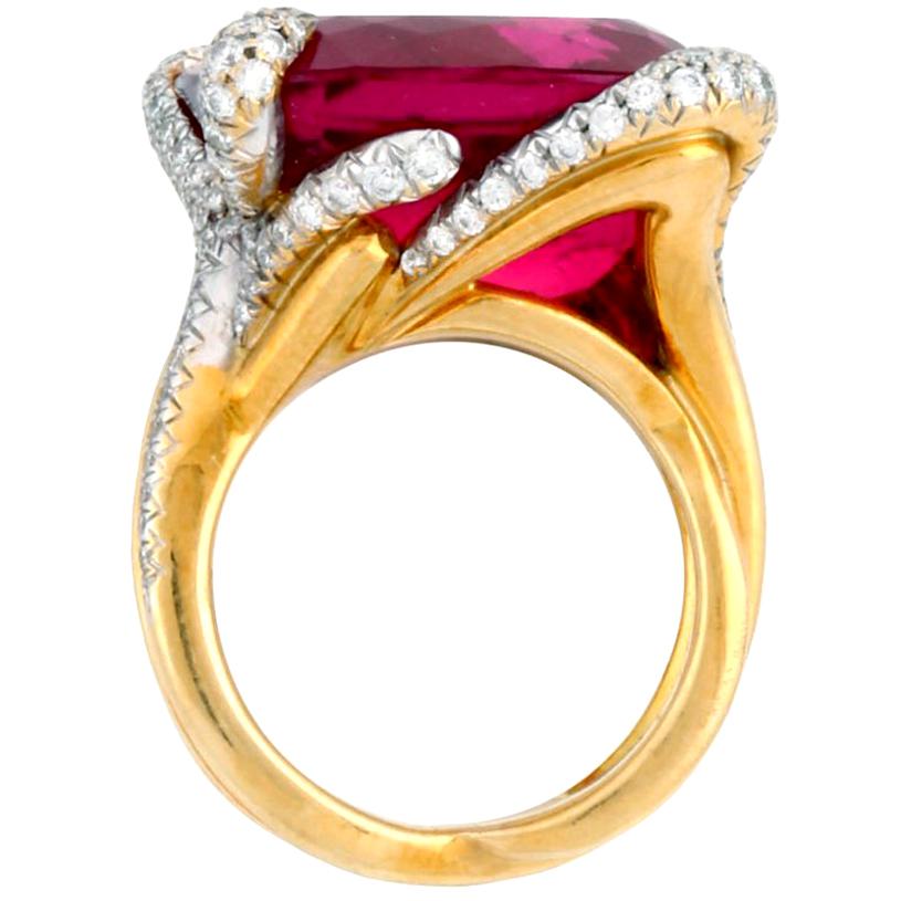 25.50 Carat Pink Tourmaline Diamond 18 Karat CLAWS Ring by John Landrum Bryant For Sale