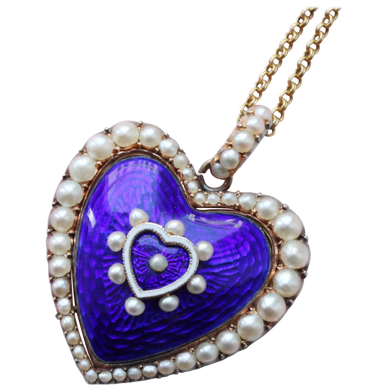 Heart Shaped Pearl and Blue Enamel Victorian Locket