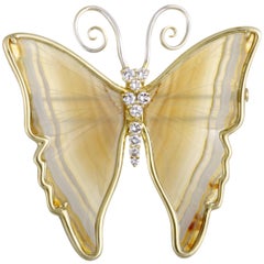 Diamond and White Onyx Yellow and White Gold Butterfly Brooch