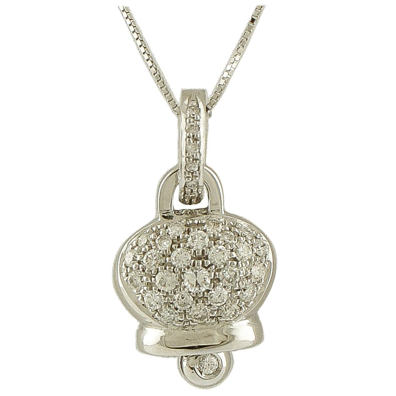 0.74 Carat White Diamonds, 18 Karat White Gold Bell Shape Pendant Necklace For Sale