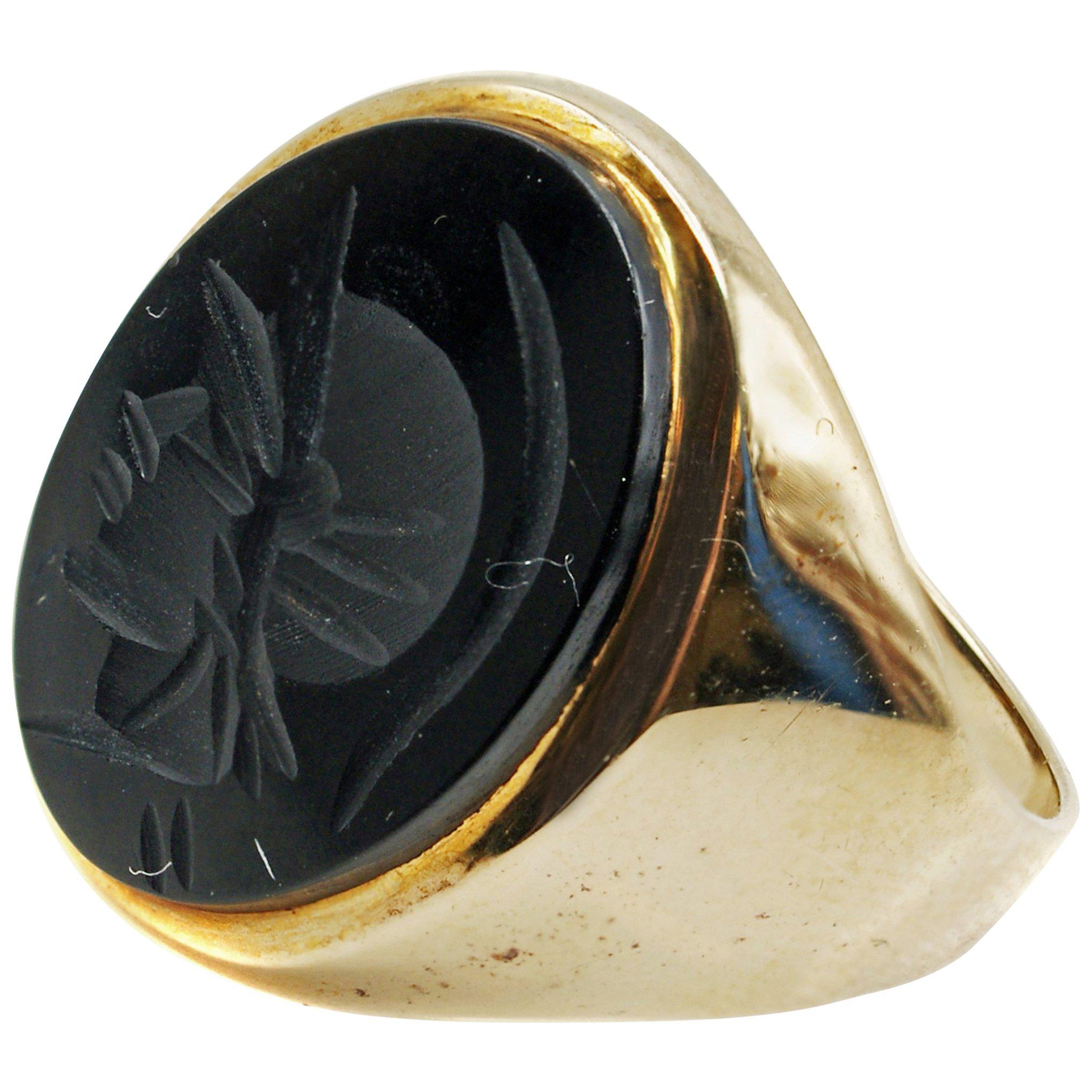 Black Onyx Intaglio Yellow Gold Signet Ring