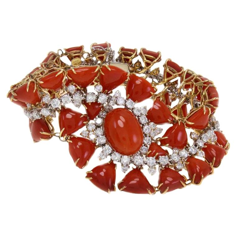 Triangle and Oval Shape Red Corals, White Diamonds, White and Rose Gold Bracelet For Sale