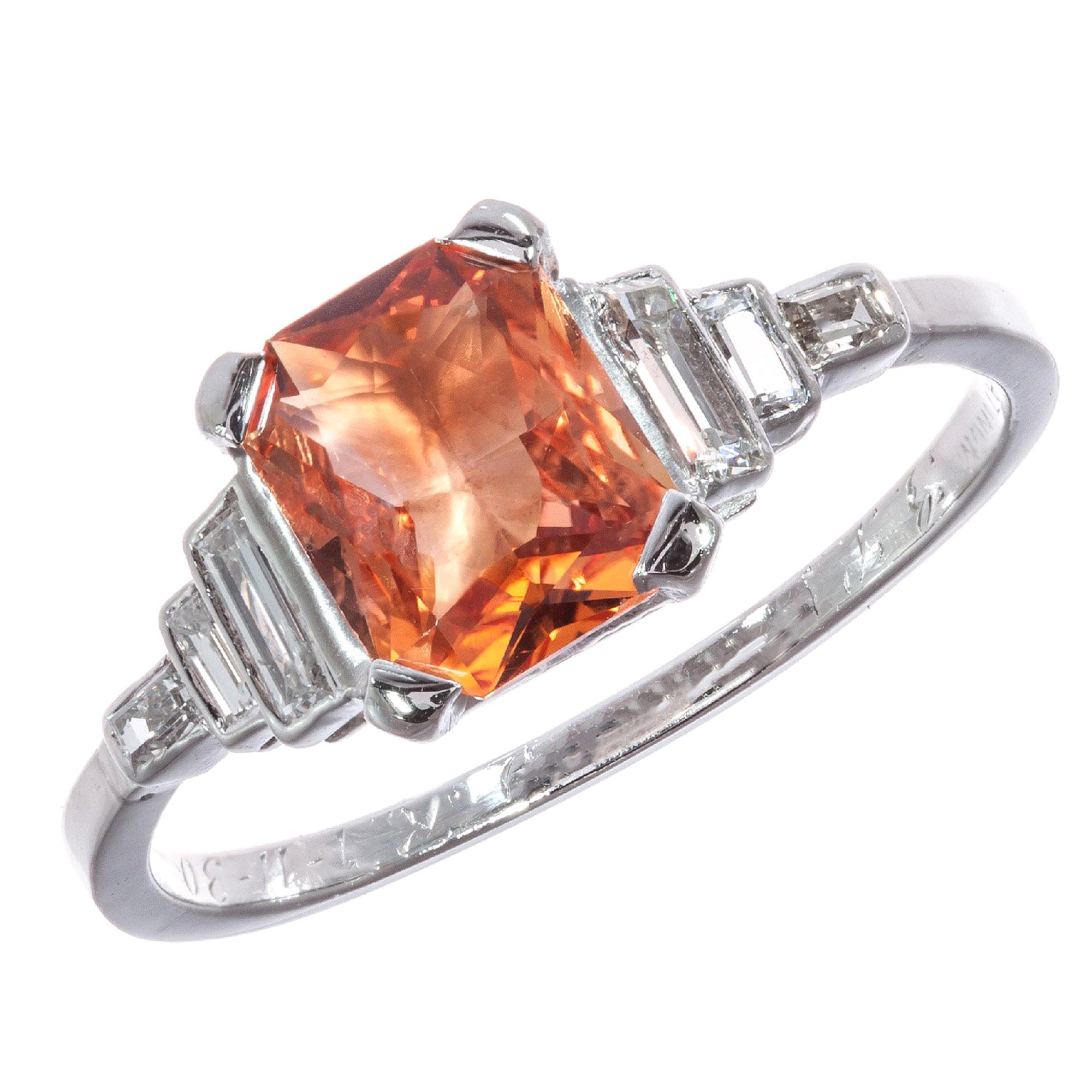 GIA Certified 1.26 Orange Sapphire Diamond Platinum Engagement Ring For Sale