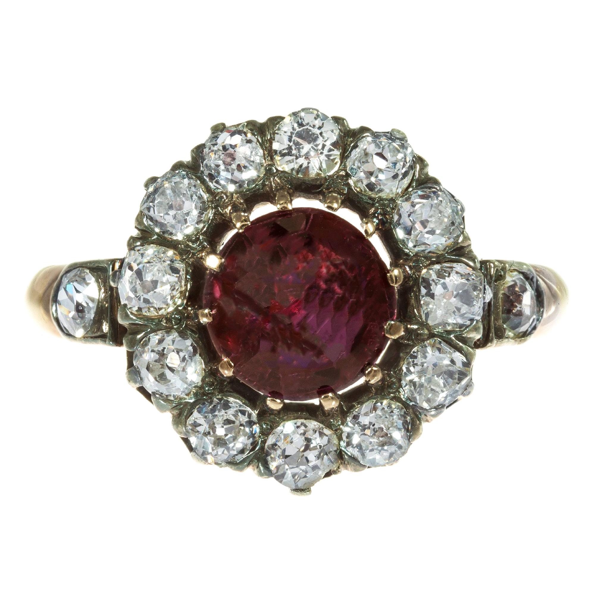 GIA Certified .95 Carat Ruby Diamond Halo Rose Gold Victorian Engagement Ring
