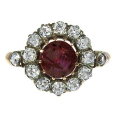 Antique GIA Certified .95 Carat Ruby Diamond Halo Rose Gold Victorian Engagement Ring