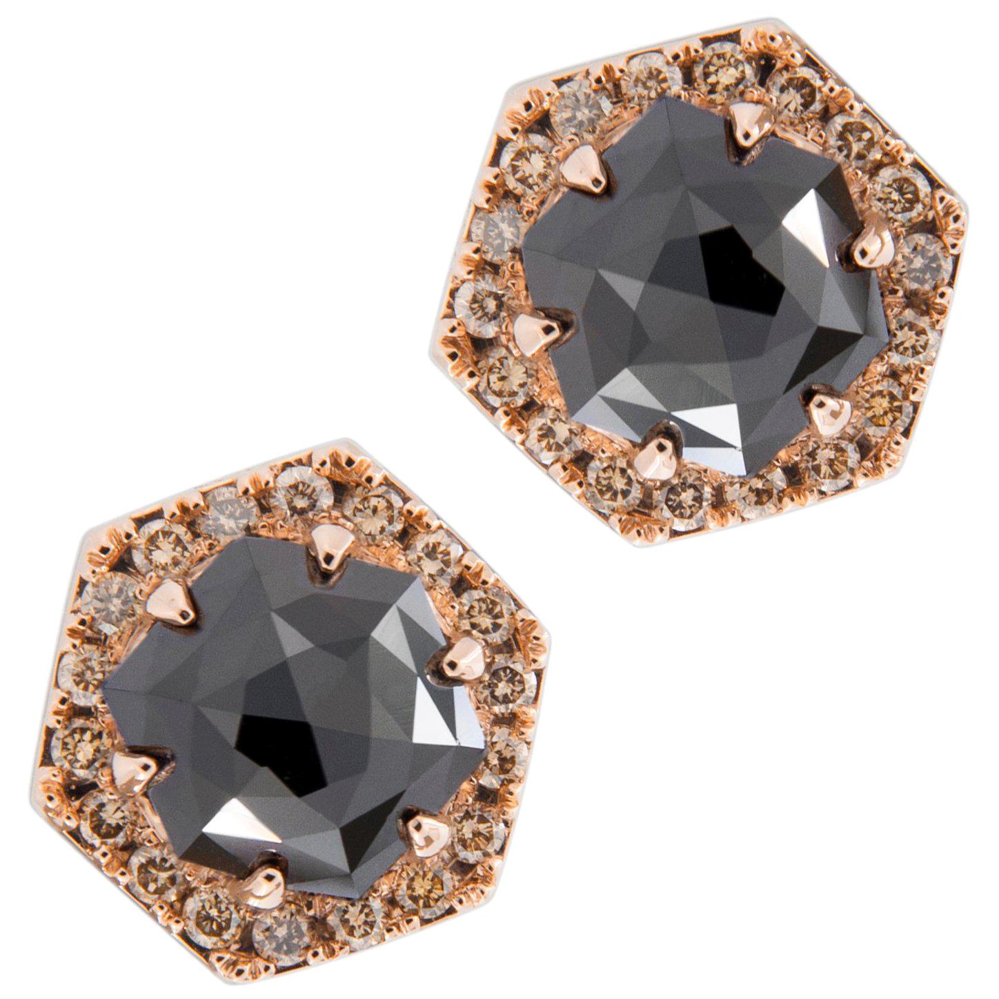 Jona Rose Cut Black Diamond Brown Diamond 18 Karat Rose Gold Stud Earrings