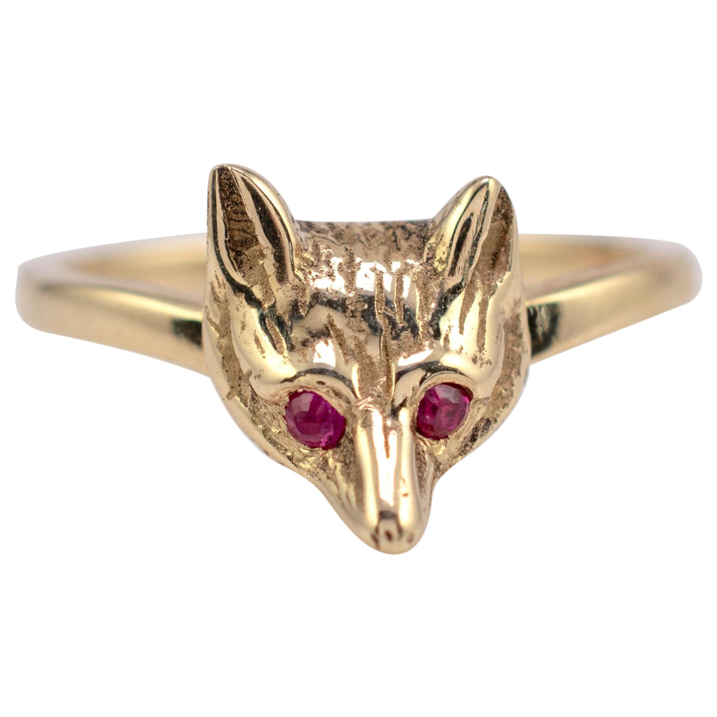 Ruby Fox Head Ring 9 Karat Yellow Gold For Sale