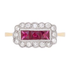 Vintage Victorian-Inspired Three-Stone Ruby and Diamond Cluster Ring