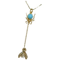 Victorian Persian Turquoise Moonstone Pearl Spider and Fly Insect Pendant