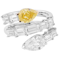 White Gold Pear Cut Fancy Intense Yellow and White Diamond Snake Design Ring