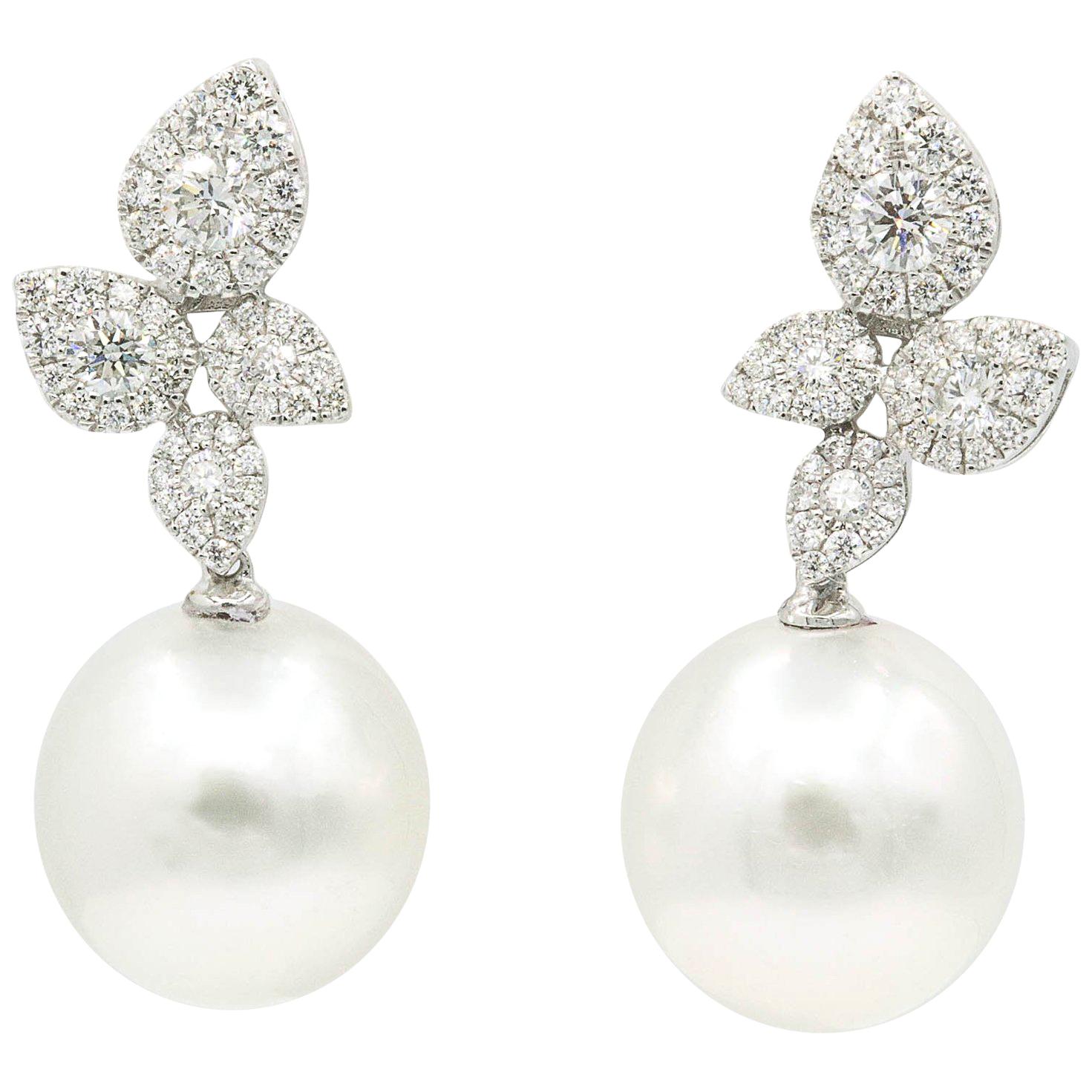 South Sea Pearl Diamond Cluster Leaf Earrings 1.05 CTS 18K