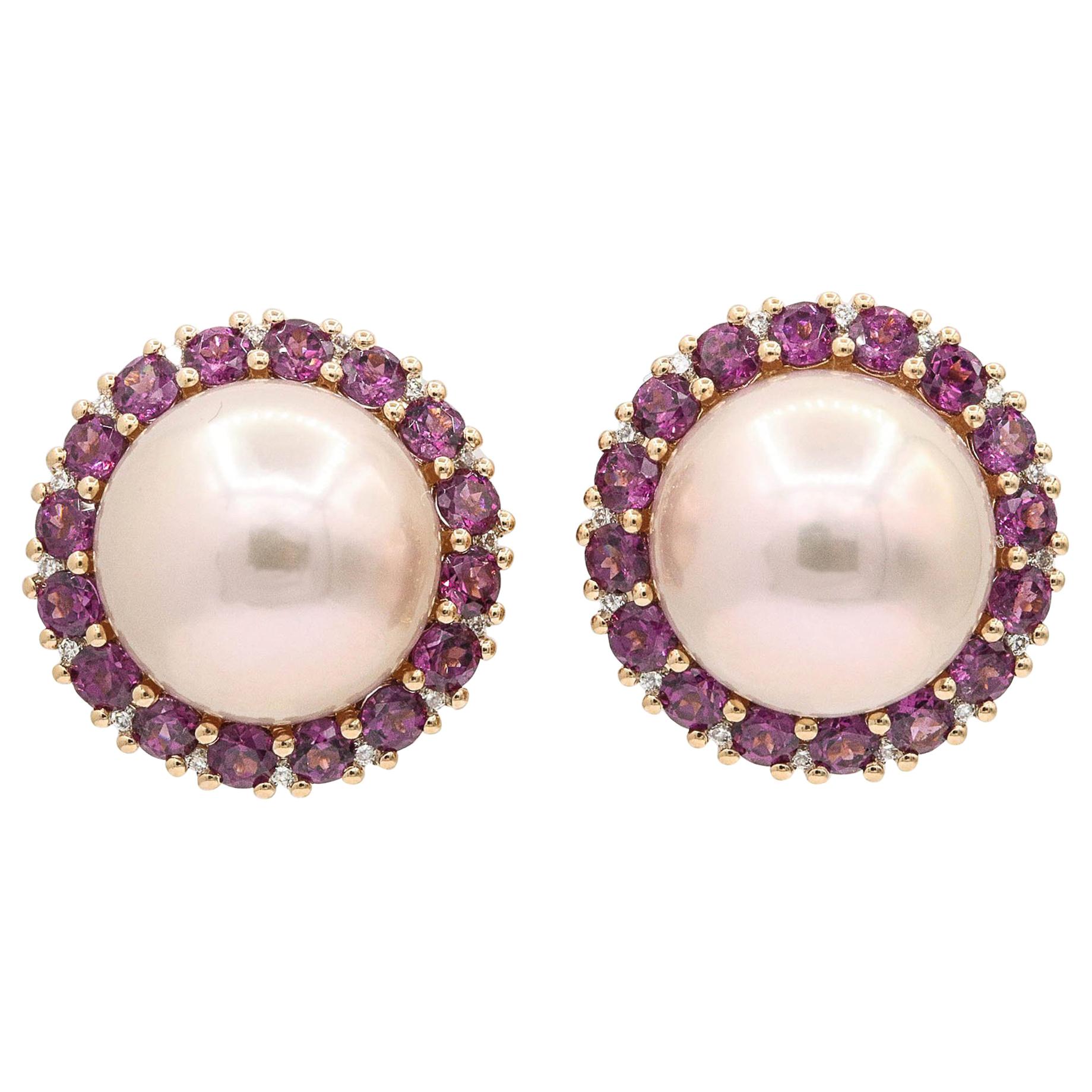 Rhodolite and Cultured Pearl Stud Earrings 3.82 Carats 18K