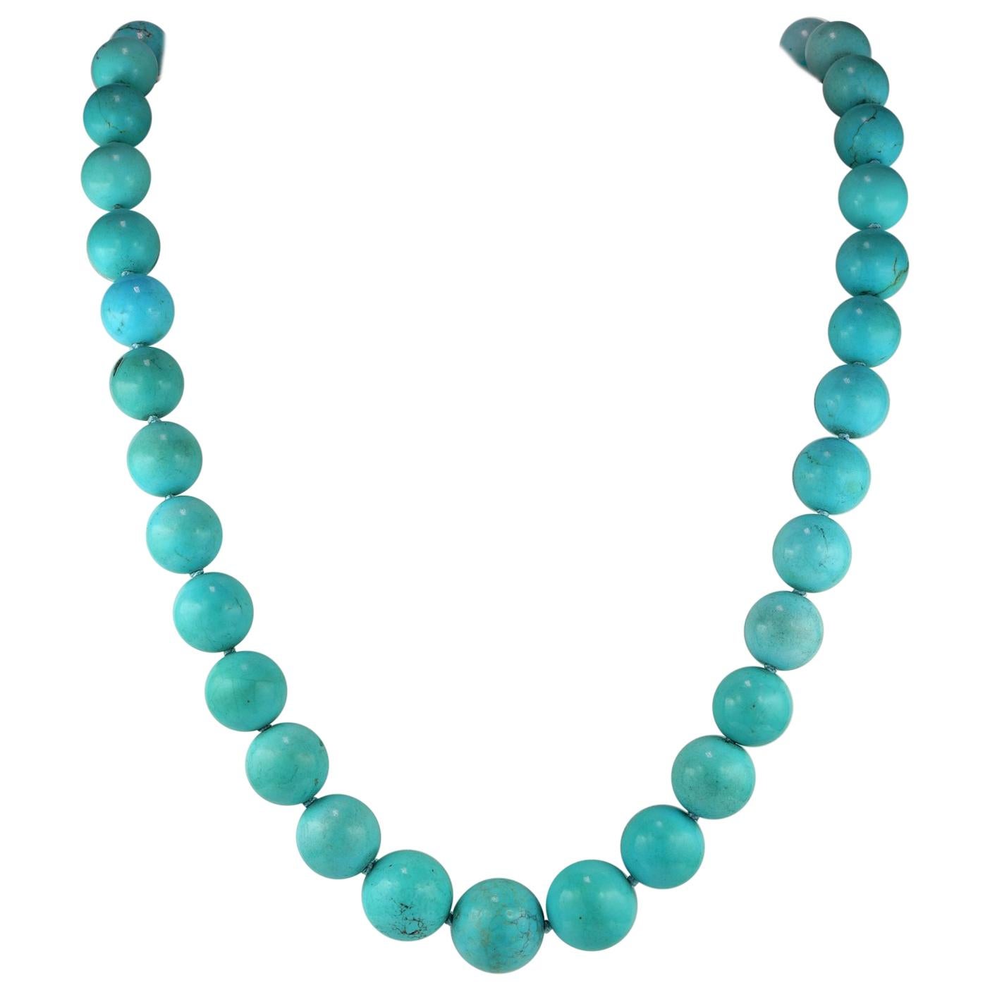 Spectacular 100% Natural Untreated Persian Turquoise Necklace Diamond Clasp 1950 For Sale