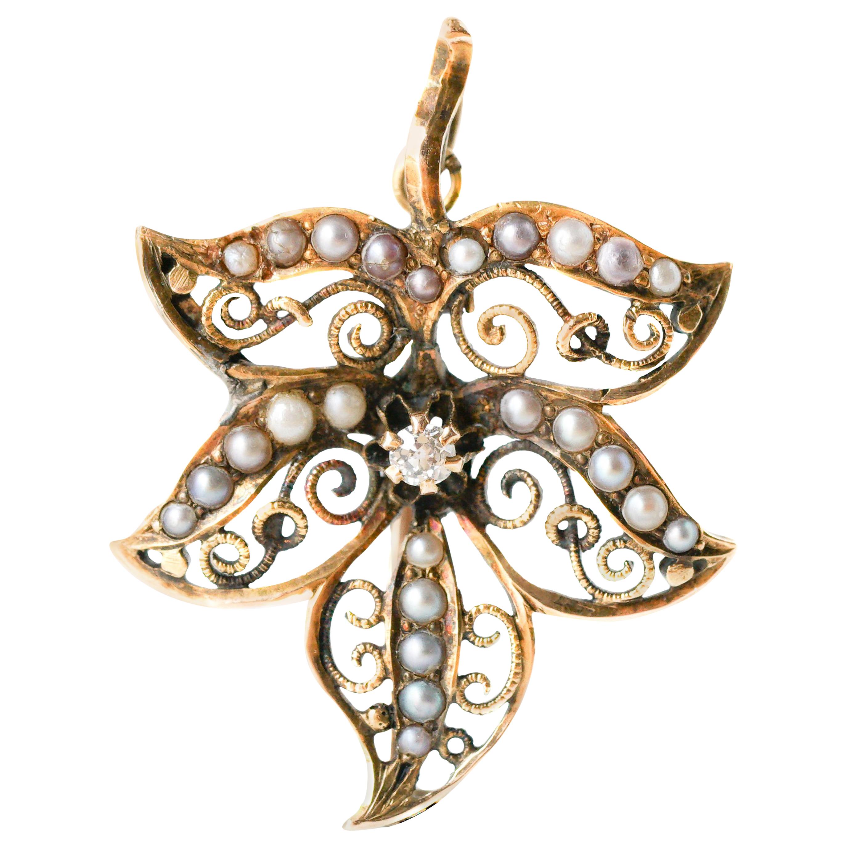 Vintage Floral Diamond, Pearl and Gold Filigree Brooch Pendant
