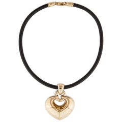 Bulgari 18K Gold Puffy Heart Pendant on Leather Cord