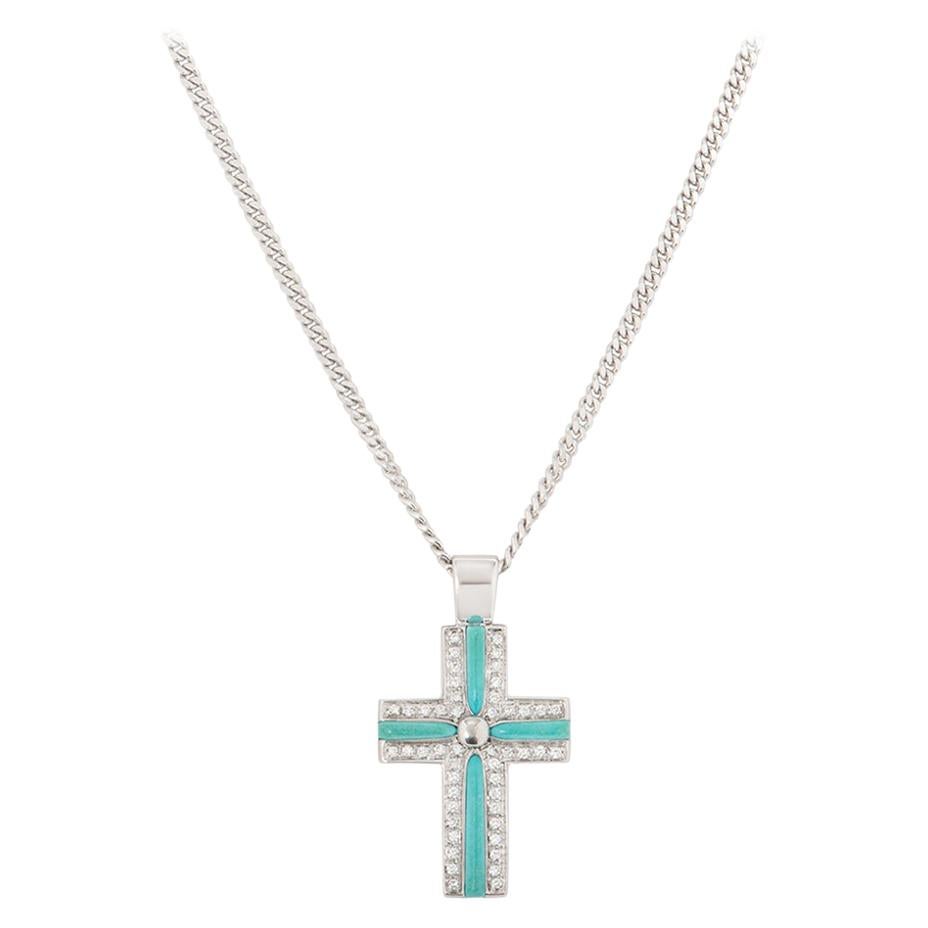 Mappin & Webb Diamond and Turquoise Cross Pendant Necklace