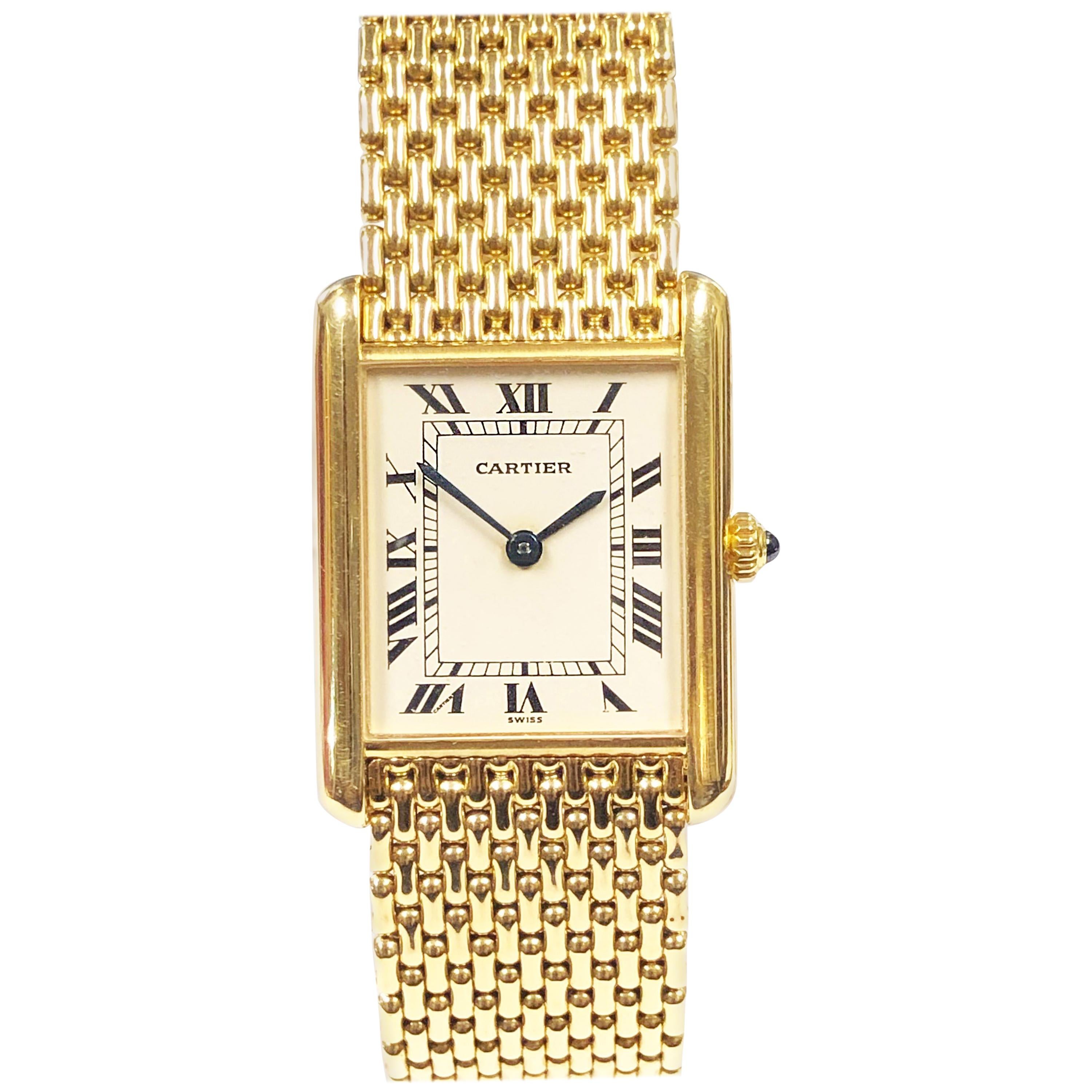 Cartier Yellow Gold Classic Tank Watch on Gold Woven Link Bracelet
