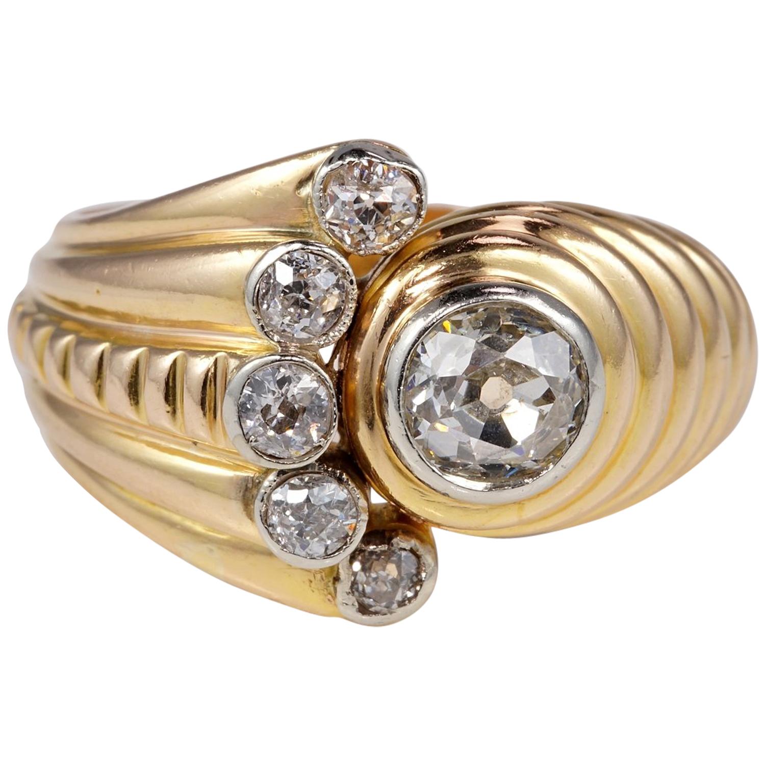 Spectacular Retro 1.05 Carat Old Cut Diamond Rare Tourbillon Ring For Sale