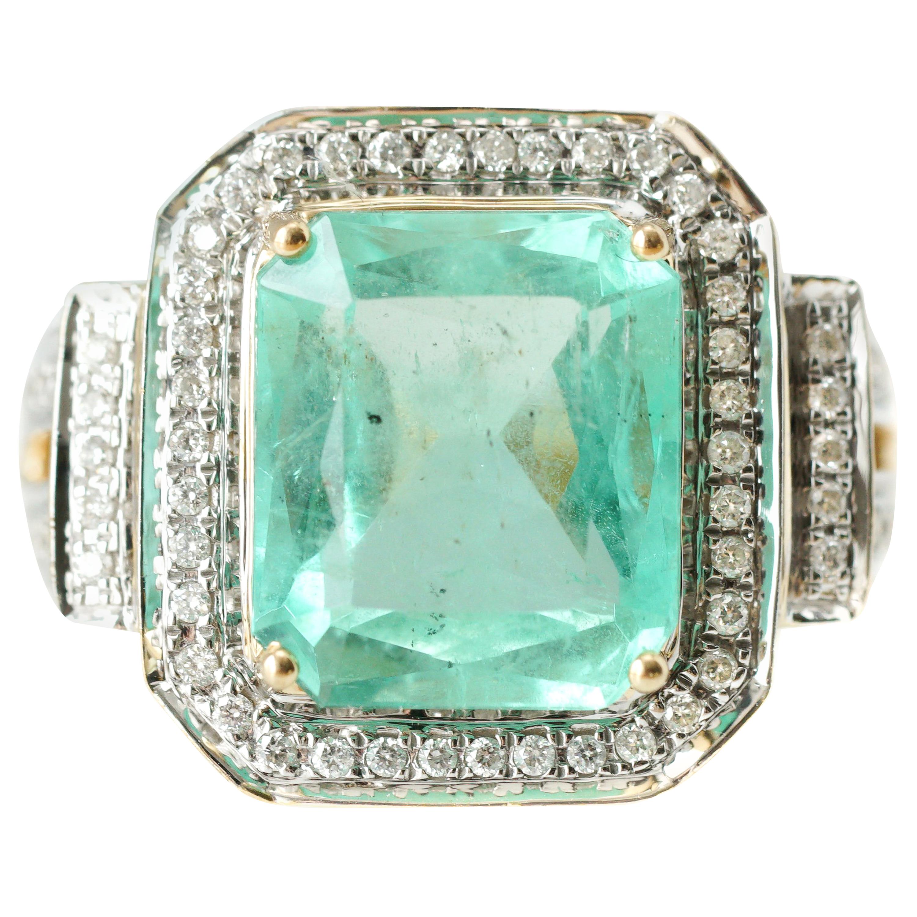 8 Carat Emerald and .50 Carat Diamond 18 Karat Two-Tone Gold Ring