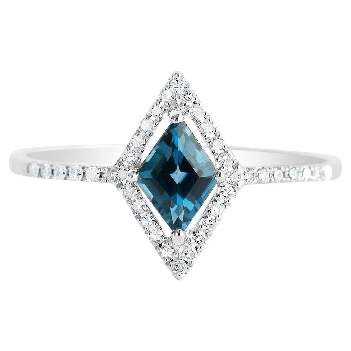 Blue Topaz Diamond Ring, Finest London Blue Topaz + 34 Diamonds Solid White Gold