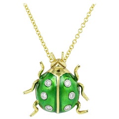 Green Enamel and Diamond Estate Ladybug Pendant '18 Karat Yellow Gold'