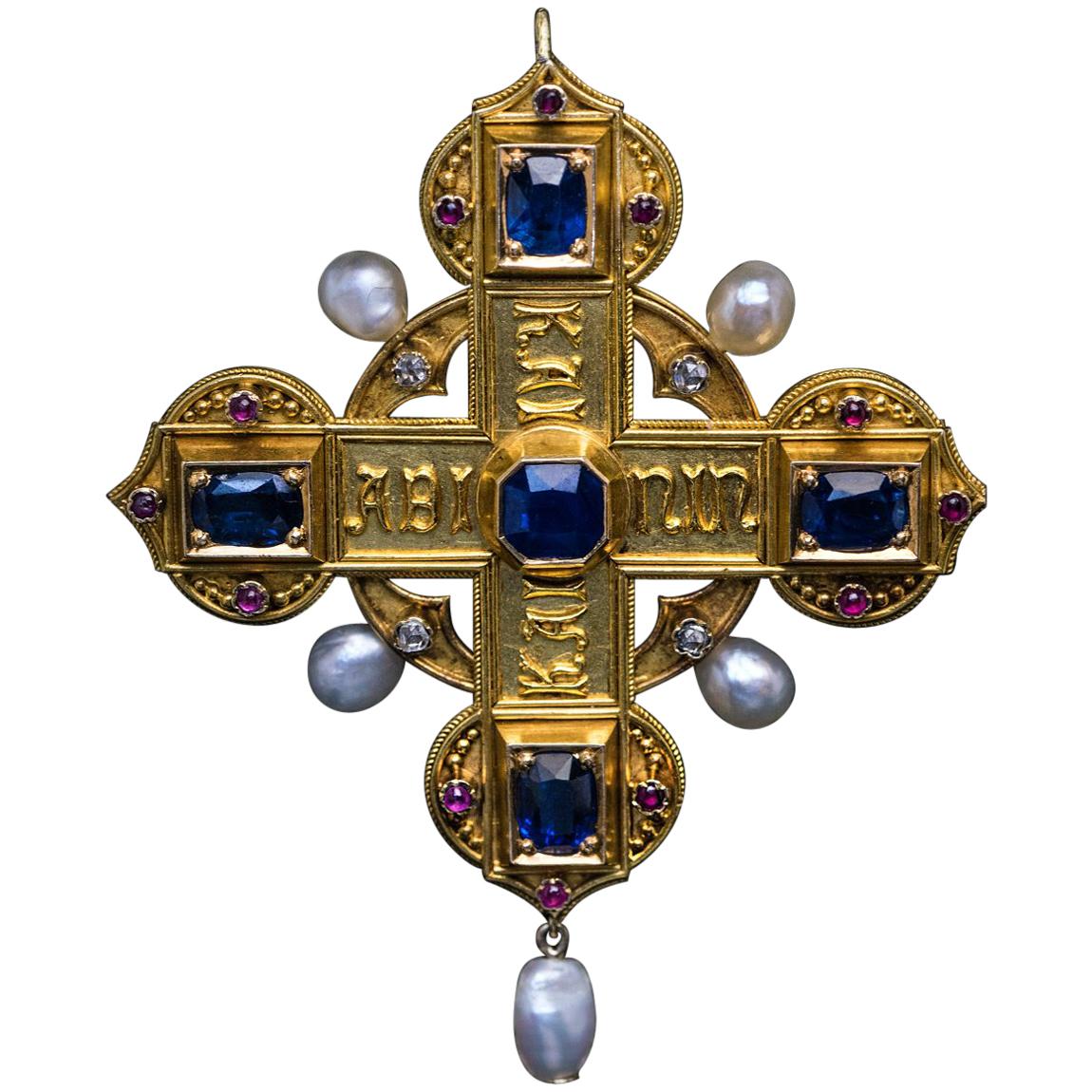 Antique Italian Medieval Style Jeweled Gold Cross Pendant Brooch