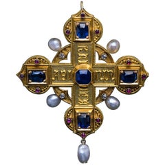 Antique Italian Medieval Style Jeweled Gold Cross Pendant Brooch