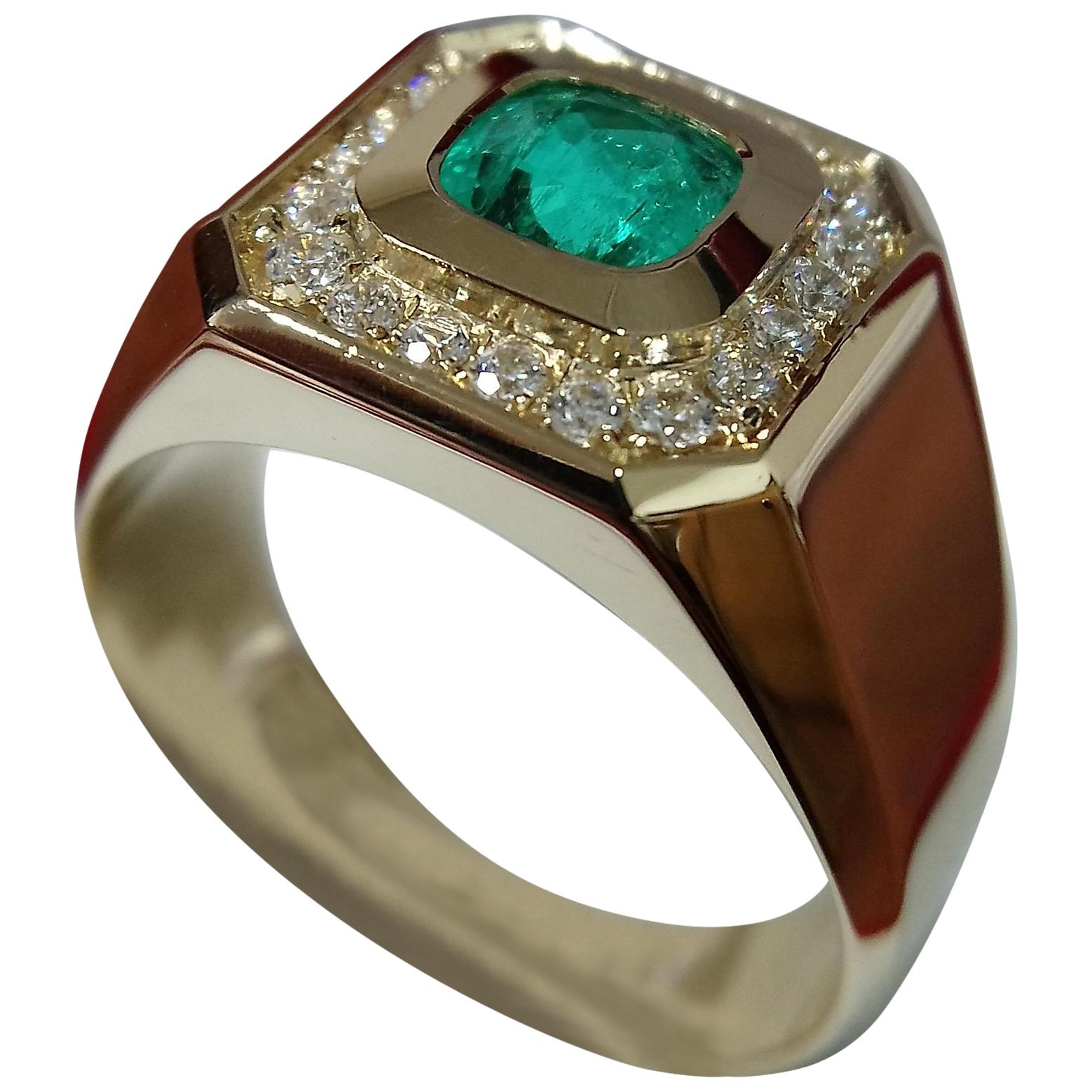 Emerald and Diamond Gold Engagement Ring For Sale
