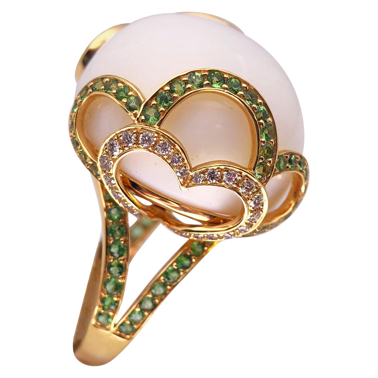 Zorab Creation 18 Karat Gold, 37.89 Carat White Opal, Tsavorite and Diamond Ring For Sale