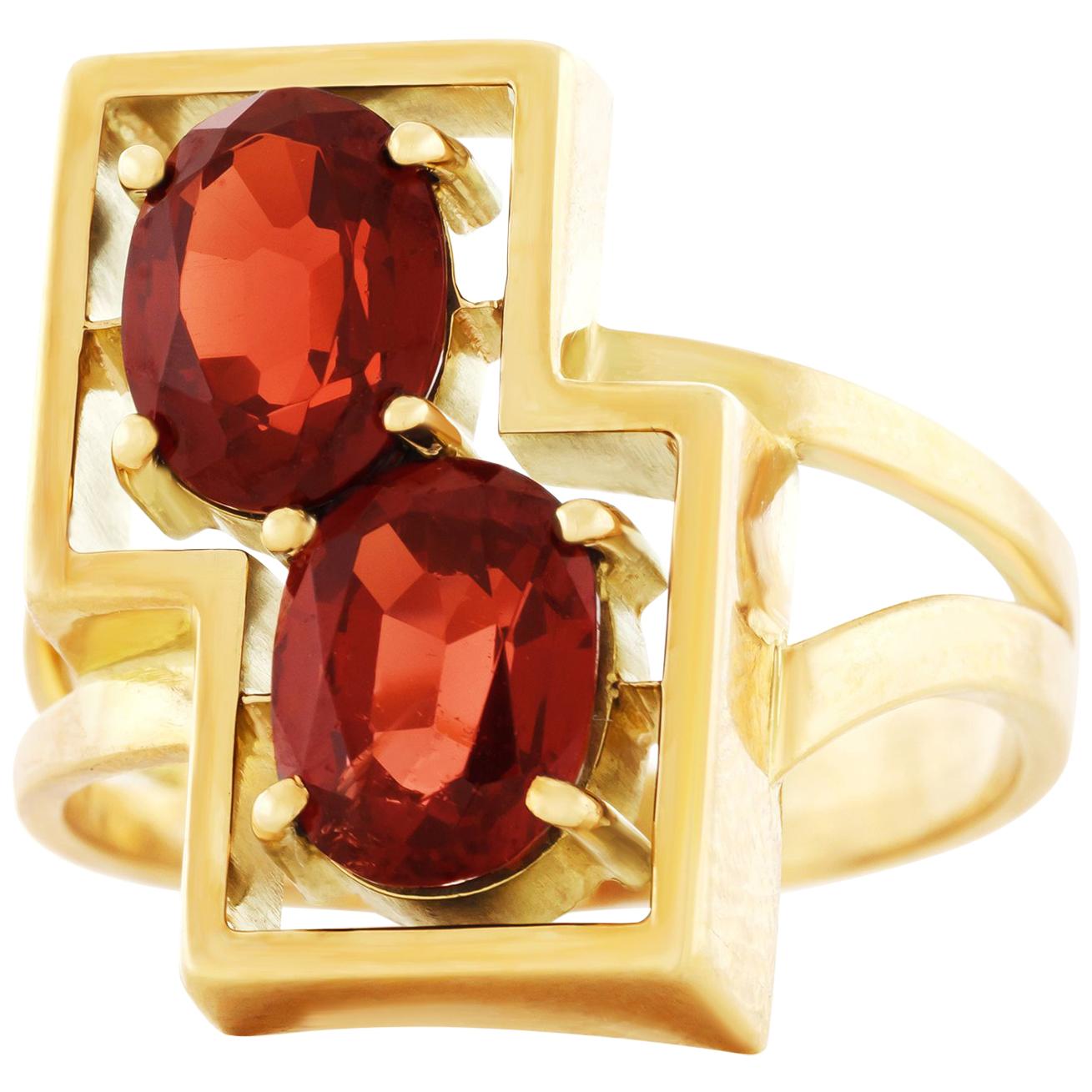 Modernist Garnet Set Gold Ring