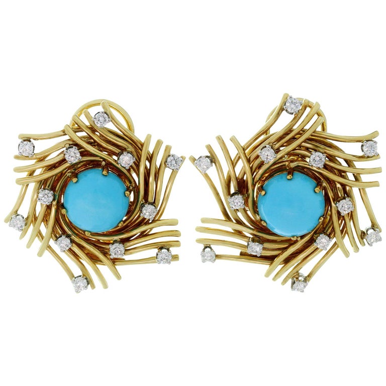 Tiffany and Co. Diamond Turquoise Platinum Yellow Gold Clip-On Earrings For Sale at 1stdibs