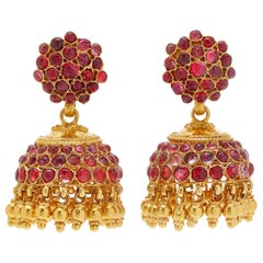 Vintage Indian Ruby Gold Chandelier Ear-Pendants