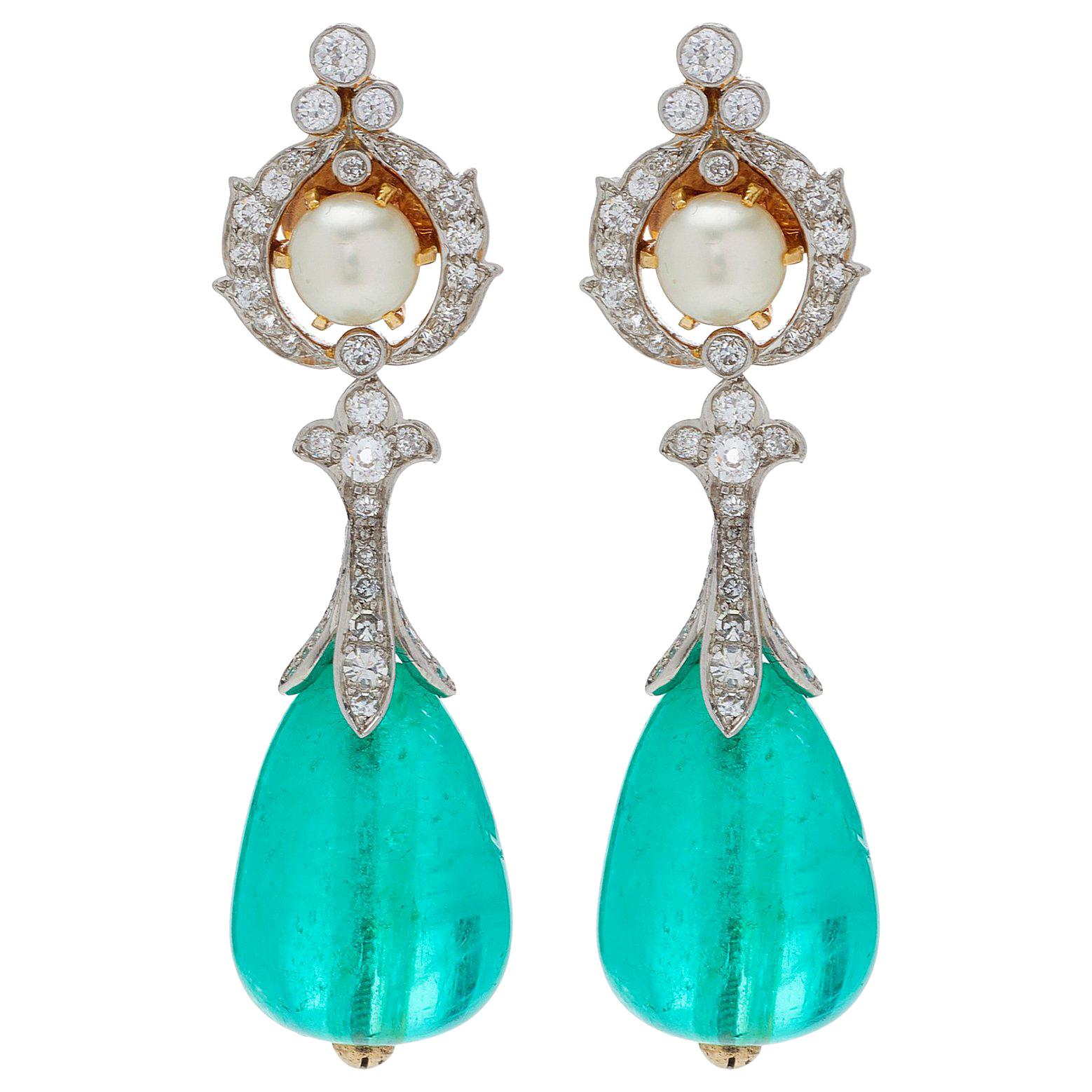 Antique Emerald Natural Pearl Diamonds Ear Pendants