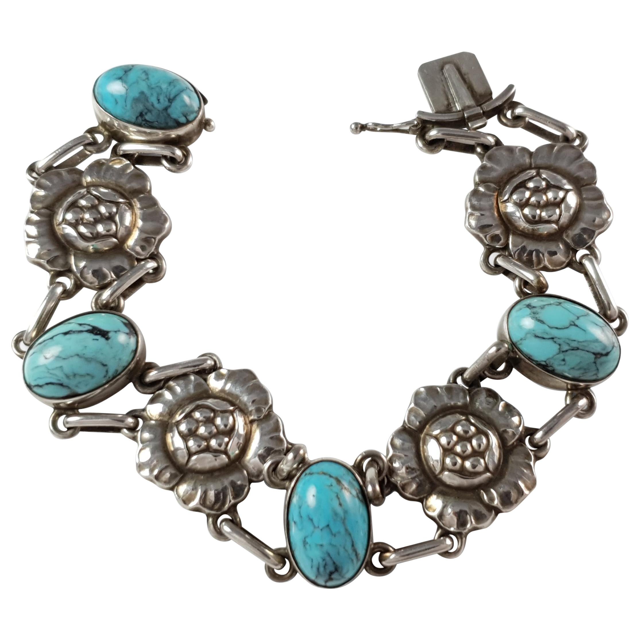 Georg Jensen Silver & Turquoise Cabochon "Blossom" Bracelet No. 12