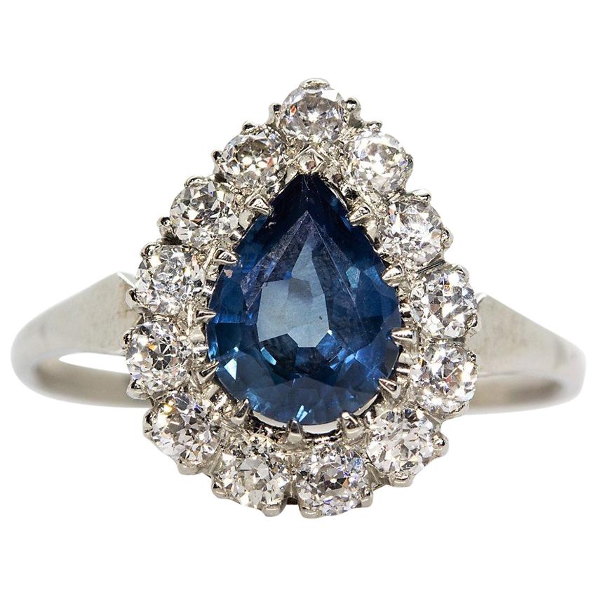 Spectacular Platinum Sapphire and Diamonds Pear Shape Ring