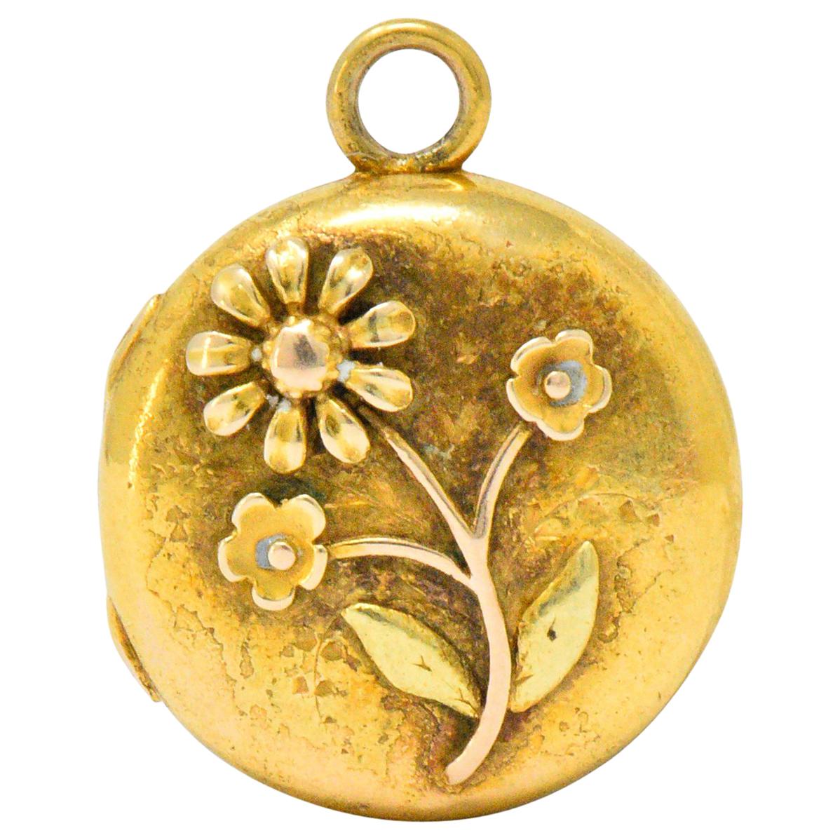 Floral Art Nouveau 14 Karat Tri-Color Gold Flower Locket Pendant