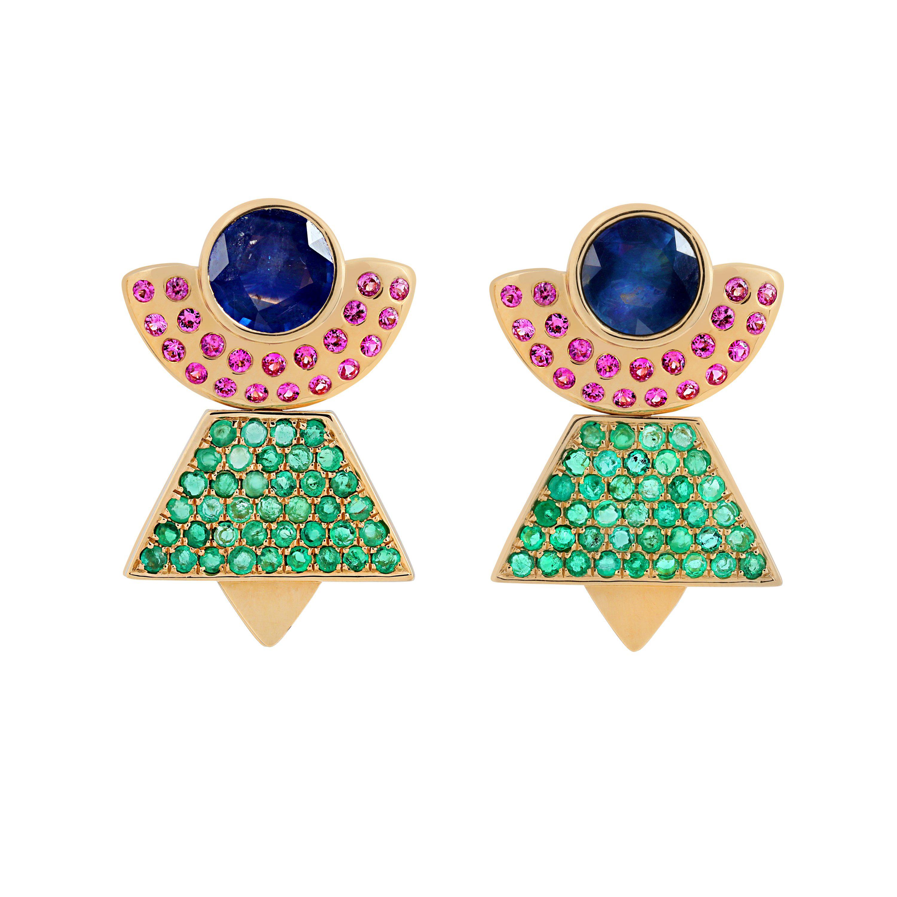 Maison Tjoeng Boheme Earring with Blue and Pink Sapphire and Emeralds For Sale